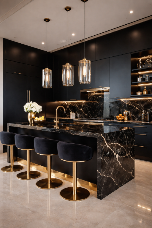 Black Cabinets with Gold Accents