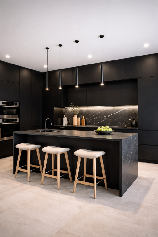 Black Kitchen with Bright Lighting