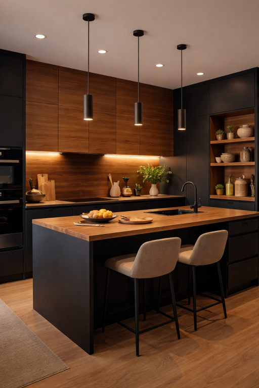Black Kitchen with Wooden Accents