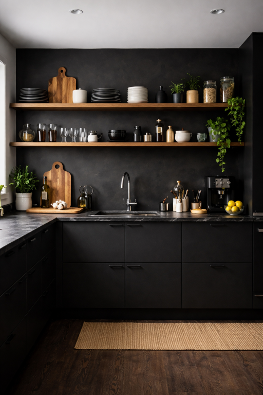 Open Shelving in Black Kitchen