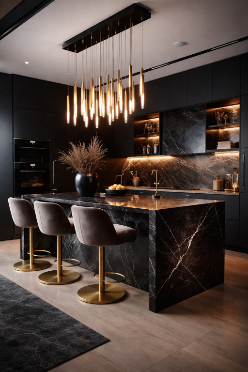 Statement Lighting in Black Kitchen