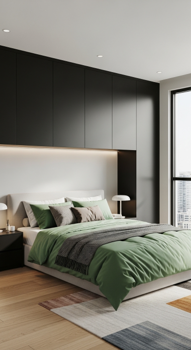Black Wardrobe with Green Bedding.jfif