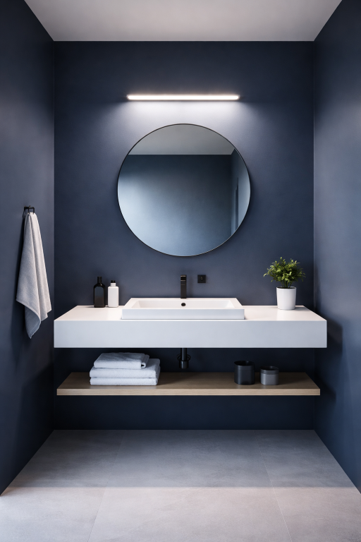 Dark Blue Bathroom with Mirror Wall