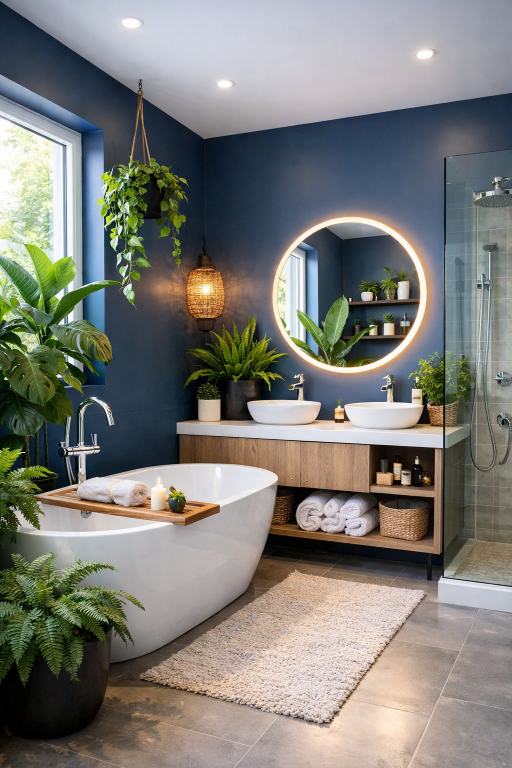 Dark Blue Bathroom with Plants