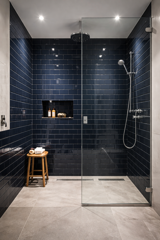 Dark Blue Tile Shower Area