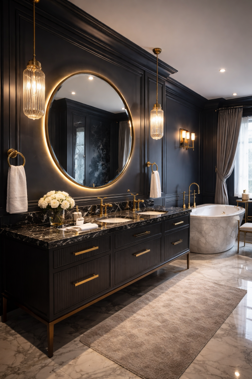 Dark Blue and Gold Bathroom Theme