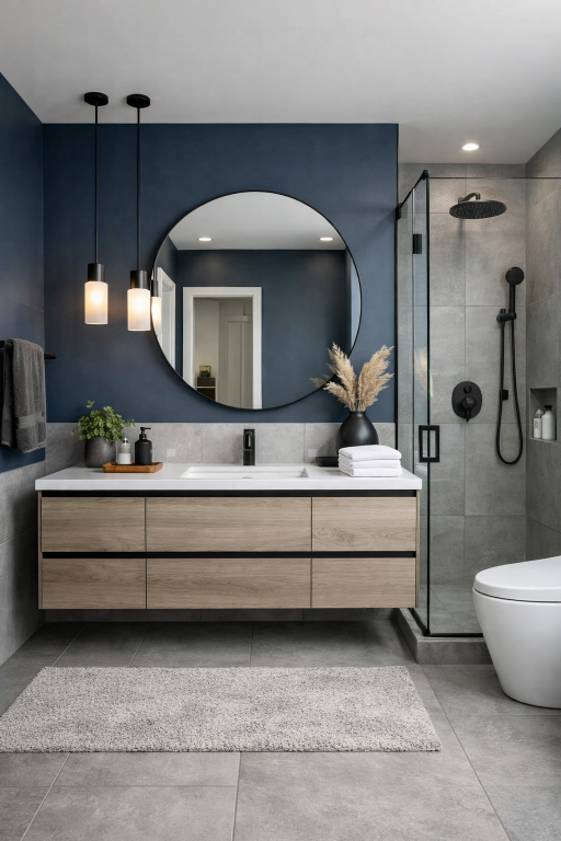 Dark Blue and Grey Bathroom