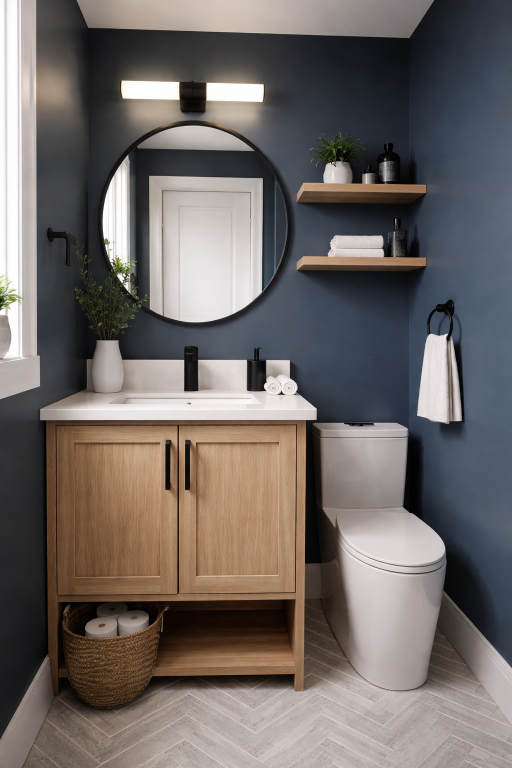 Small Dark Blue Bathroom Design