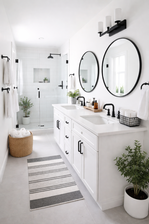 White Bathroom with Black Accents