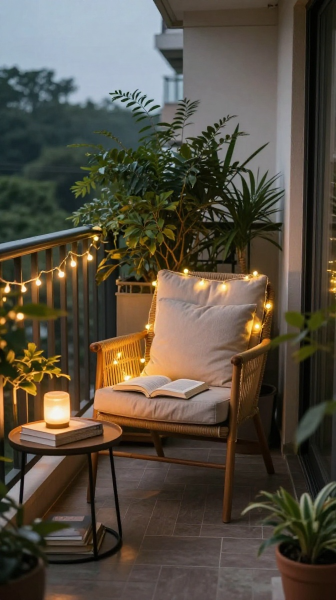 Balcony Reading Nook With Soft Lighting