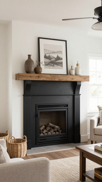 Black Fireplace With Farmhouse Decor