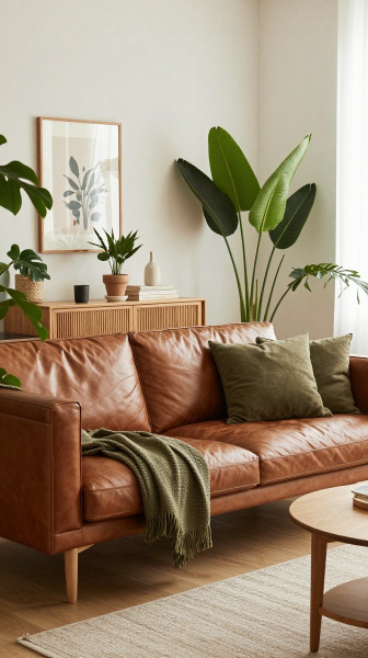 Brown Couch With Greenery and Plants