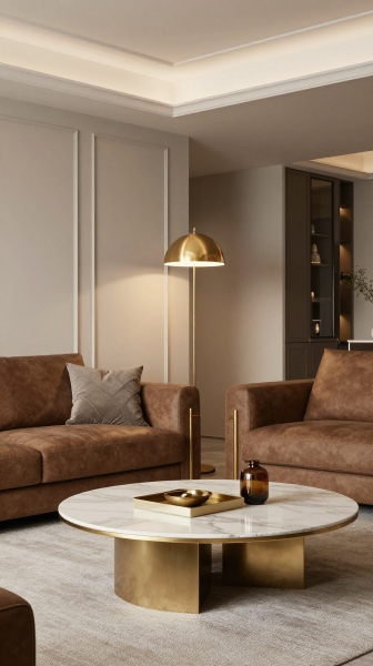 Brown Sofa With Gold Accents