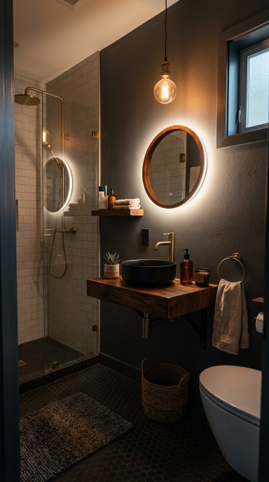Charcoal Gray Bathroom With Warm Lighting