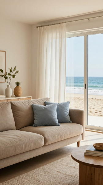 Coastal Inspired Brown Sofa Decor