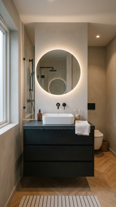 Compact Bathroom With Dark Vanity