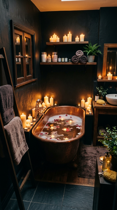 Cozy Dark Bathroom With Candles
