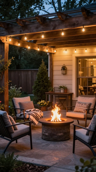 Cozy Pergola Fire Pit Area