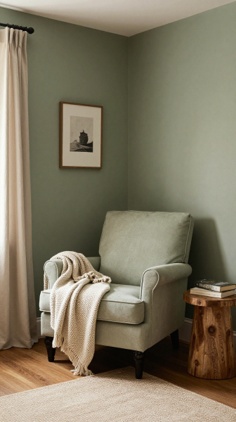 Cozy Reading Corner In Sage Green Bedroom