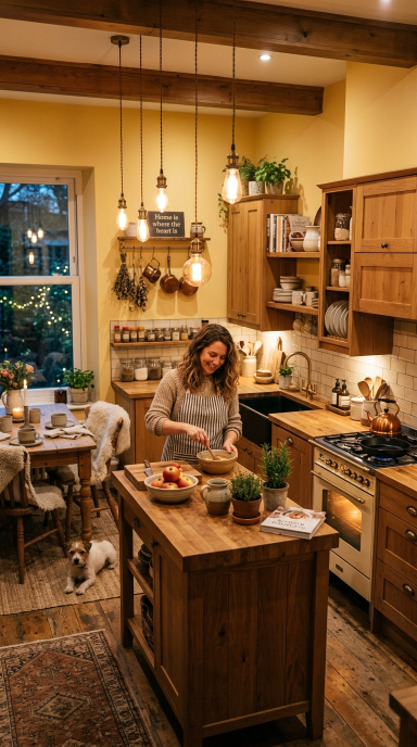 Cozy Yellow Kitchen with Warm Lighting