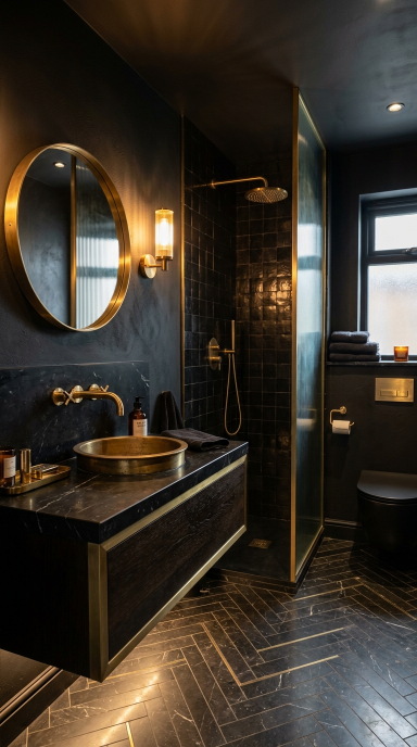 Dark Bathroom With Brass Details