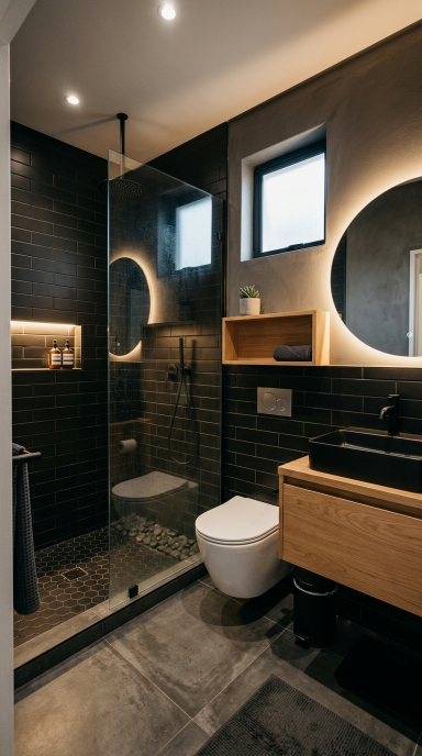 Dark Bathroom With Glass Shower