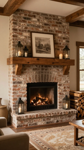 Farmhouse Fireplace With Brick Hearth