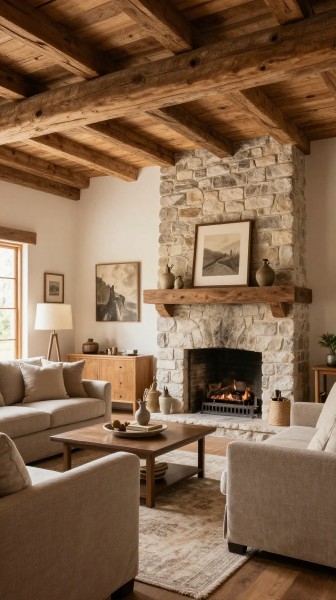 Farmhouse Fireplace With Exposed Beams