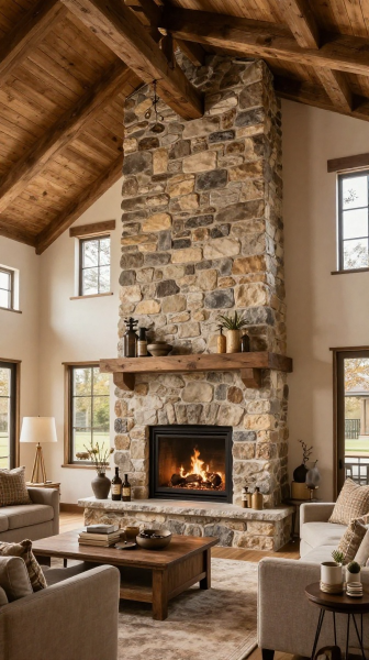Floor to Ceiling Stone Fireplace