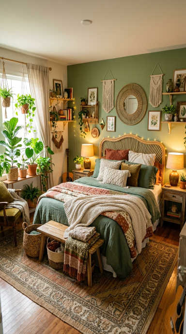 Green Boho Style Bedroom