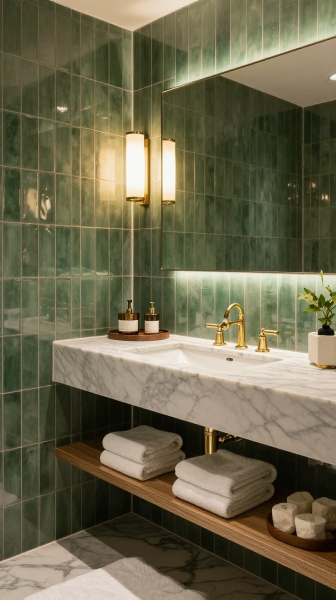 Green Tiles With Brass Fixtures