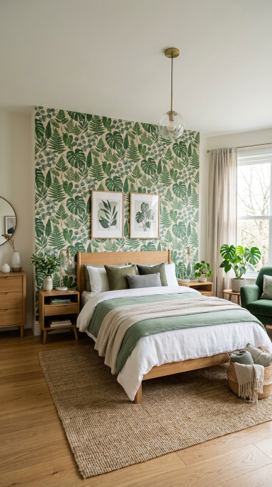 Green Wallpaper Feature Bedroom