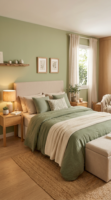 Green and Beige Soft Bedroom