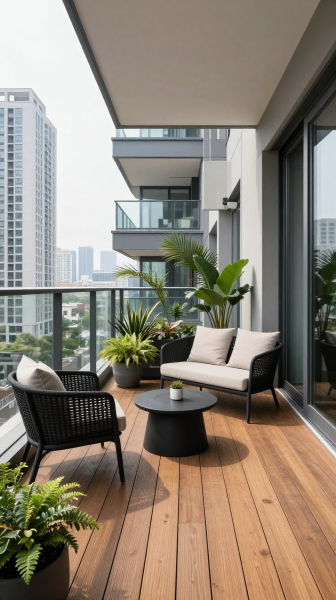 Modern Balcony With Wooden Deck Tiles