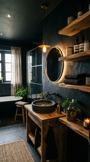 Moody Bathroom With Wood Accents