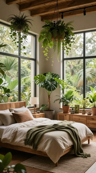 Nature Inspired Loft Bedroom With Indoor Plants