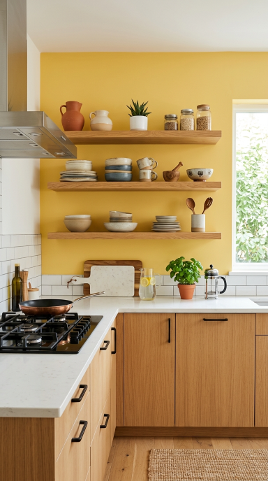 Open Shelving with Yellow Background