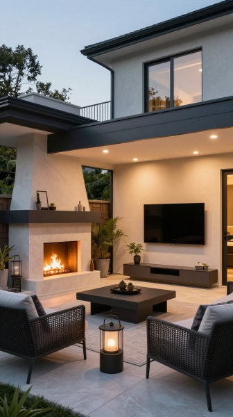 Outdoor Fireplace With TV Wall