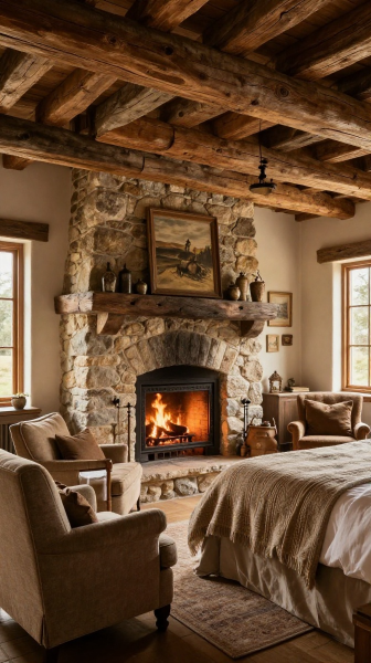 Rustic Stone Fireplace Bedroom