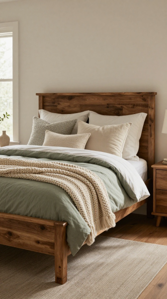 Rustic Wood Bed With Sage Green Bedding