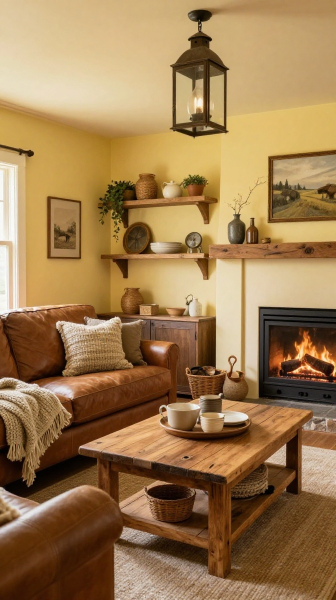 Rustic Yellow Farmhouse Living Room