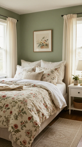 Sage Green Bedroom With Floral Accents