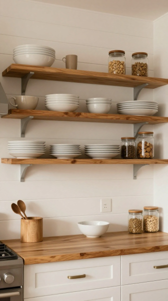 Shiplap Behind Open Shelves