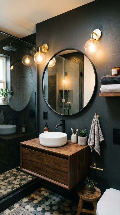 Small Dark Bathroom With Statement Mirror
