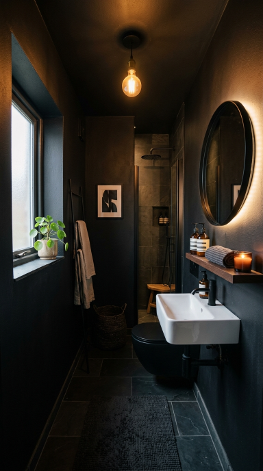 Small Moody Dark Bathroom With Black Walls