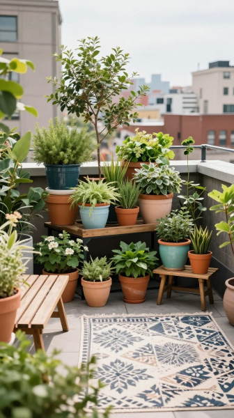 Small Terrace With Layered Planters