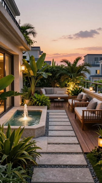 Terrace Garden With Water Feature