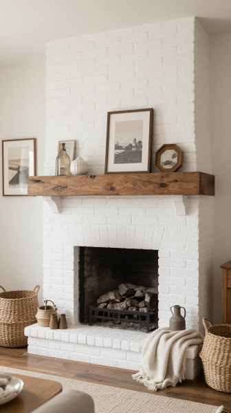 White Brick Fireplace With Wood Mantel
