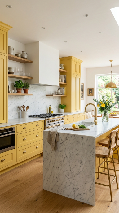 Yellow Cabinets with Marble Countertops