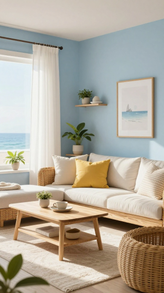 Yellow and Blue Coastal Living Room